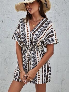 Boho V-Neck Smocked Waist romper in White & Brown blue Geo Print
